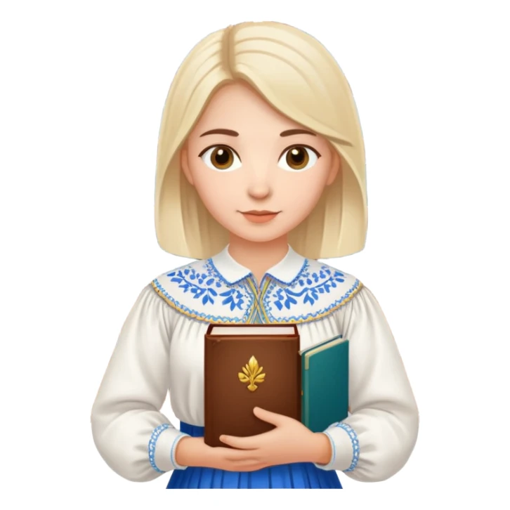 Young Ukrainian librarian wearing a traditional white embroidered vyshyvanka shirt holding books sticker