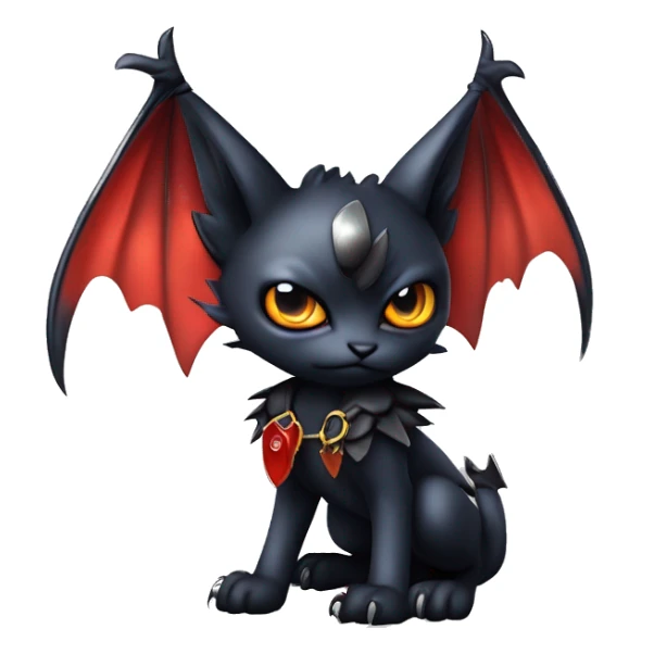 Cute edgy cool realistic vampiric dark eldritch fantasy Litten-Fakémon-Digimon with bat-wings as ears full body sticker