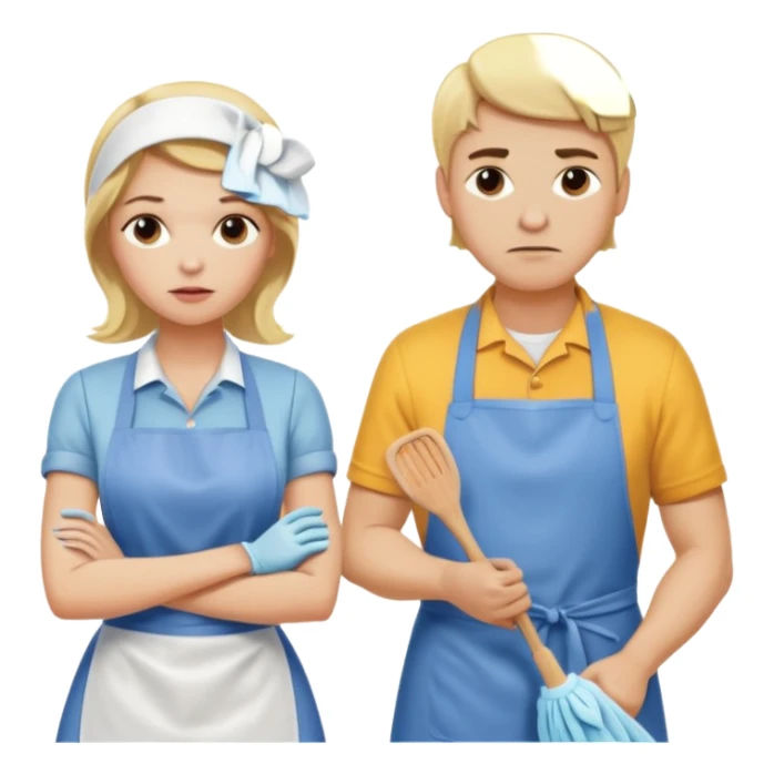 A blonde women cleaning a kitchen while her blonde husband scowls at her sticker