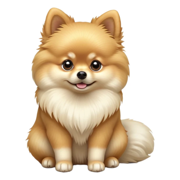 cinematic-[pomeranian]-realistic-full-body-sitting-emoji,-tail-resting-loosely-beside-its-paws,-head-tilted-dramatically, -fluffy-[light cream]-fur,-simplified-yet-realistic-focused-features,-highly-detailed,-glowing-with-an-almost-sarcastic-glow sticker