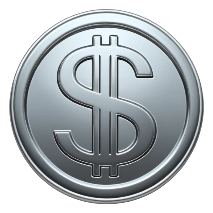 A double dollar sign emoji made of polished silver chrome, smooth metallic surface, glossy reflections, luxury swag vibe, minimal iOS emoji style, centered on white background sticker