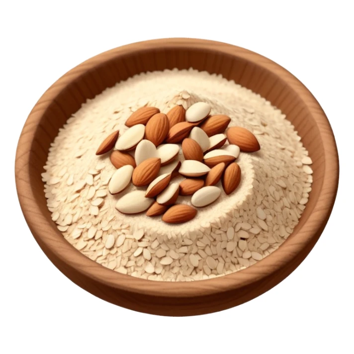 small pile of finely ground almonds, pale ivory, fine grainy texture, dry and uneven, scattered crumbs, natural, no faces, minimal sticker