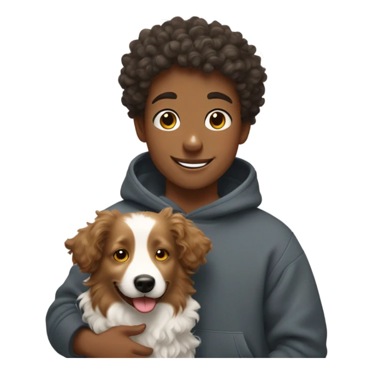 A happy curly-haired boy in a sweatshirt holds a border collie sticker