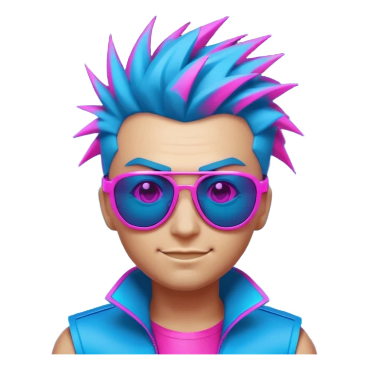 emoji that screams 'sick' and 'cool' -- think edgy, bold, glowing with neon vibes, maybe a smirk, sunglasses, and spiked hair, set against a pulsing cyberpunk city skyline. sleek, futuristic faces with glowing eyes, sharp angles, and vibrant colors like electric blue and neon pink sticker