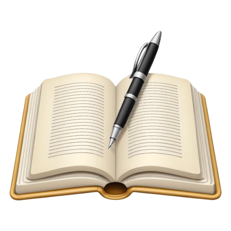 "A white open book,The pen should be positioned as placed exactly in the center between the pages.  if held by a right-handed person - meaning the direction is reversed compared to a left-handed grip. The pen should be uncapped, and the cap placed behind it." Create me a Digital emoji sticker