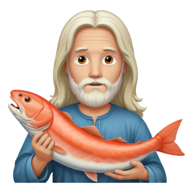 a white Jesus with a long beard holding a salmon sticker