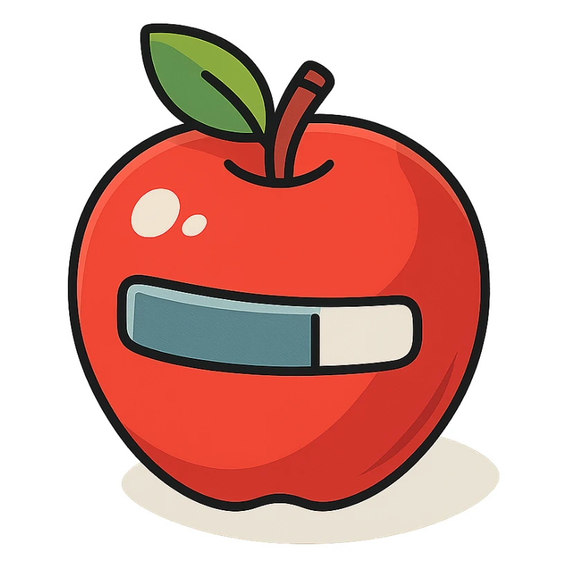a glossy red apple with a green leaf on top, featuring a digital-style progress bar across its surface, partially filled to 60%, pure white background sticker