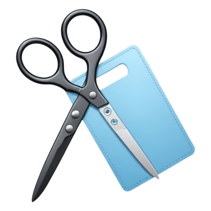 Floating black Scissors cutting a light blue idf ID card in 2 parts .hyper realistic sticker