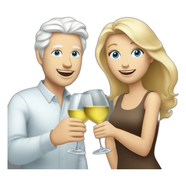 white man with blue eyes and grey hair toasting with a white wine together with white woman with brown eyes and blond hair and a white wine sticker