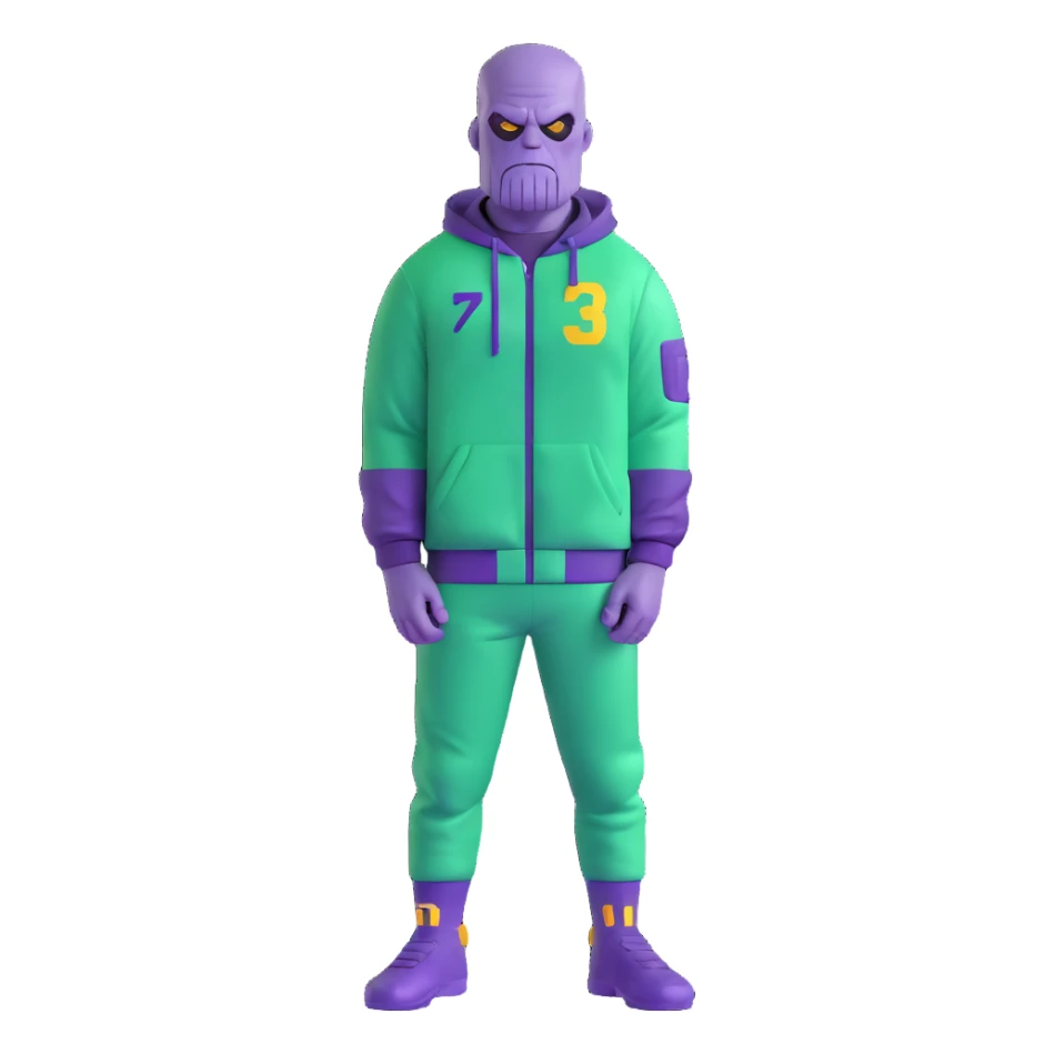 purple-skinned Thanos wearing a green Squid Game player tracksuit with number 230 sticker