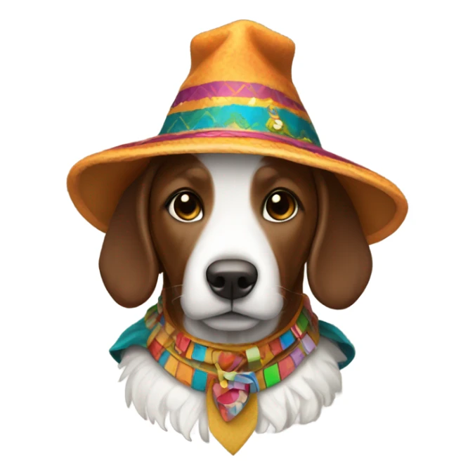 Brown and white doodle with a costume sticker