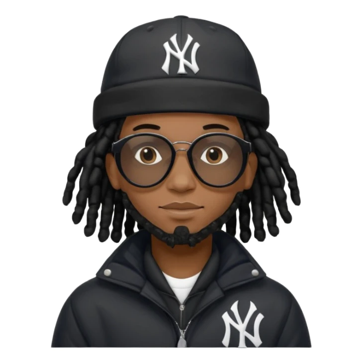 African American man brown skin complexion with black dreadlocks shoulder length wearing black bubble winter coat wearing black sunglasses wearing a New York Yankees fitted baseball hat sticker