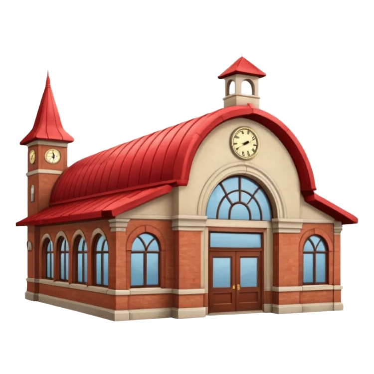 classic train station building with red roof and tracks, no text sticker