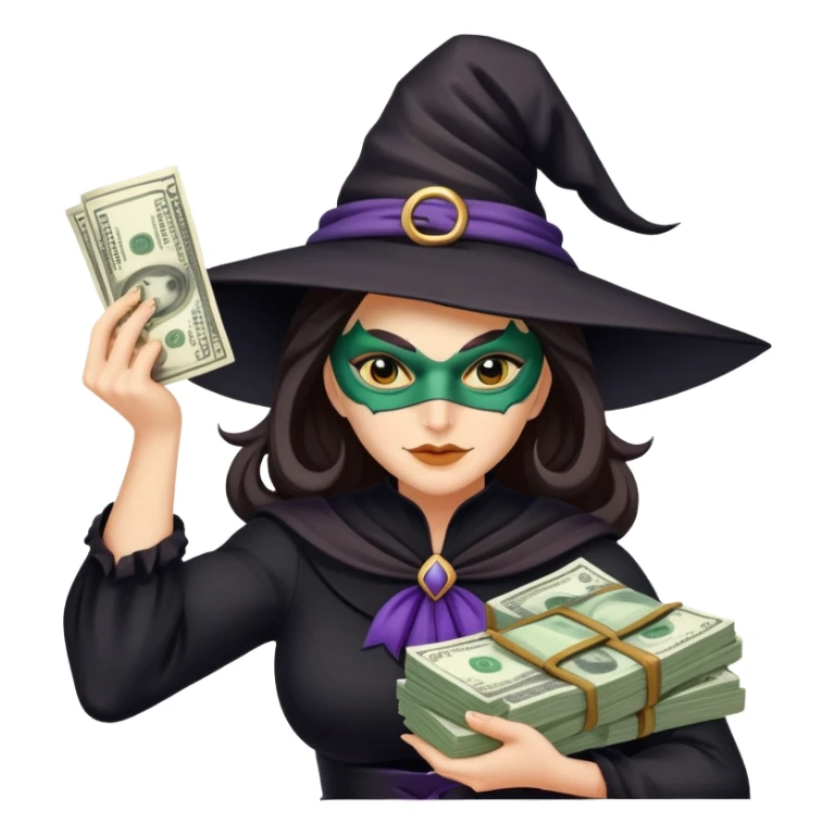 a woman witch a mask flexing money sticker