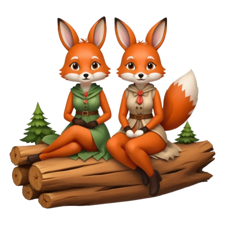 two forest women dressed as fox and rabbit sitting together on log sticker