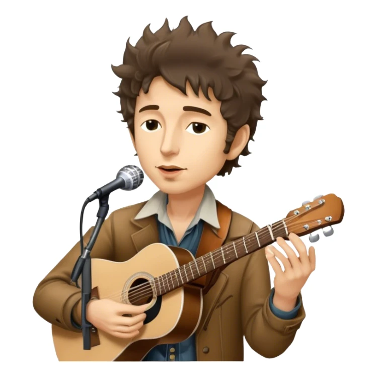 Icon for Folk Music: Bob Dylan with his harmonica and acoustic guitar, performing with his band on stage. The atmosphere should be intimate and nostalgic, capturing the soul of folk music with simple instruments and natural vibes. Transparent background. sticker