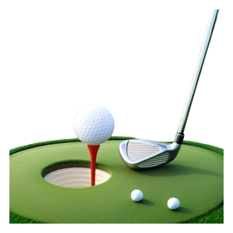 A golf ball on a tee with a golf club placed beside it, set against the backdrop of a well-manicured green golf course. The scene emphasizes the equipment and serene atmosphere of the sport, with soft lighting and a peaceful, open landscape sticker