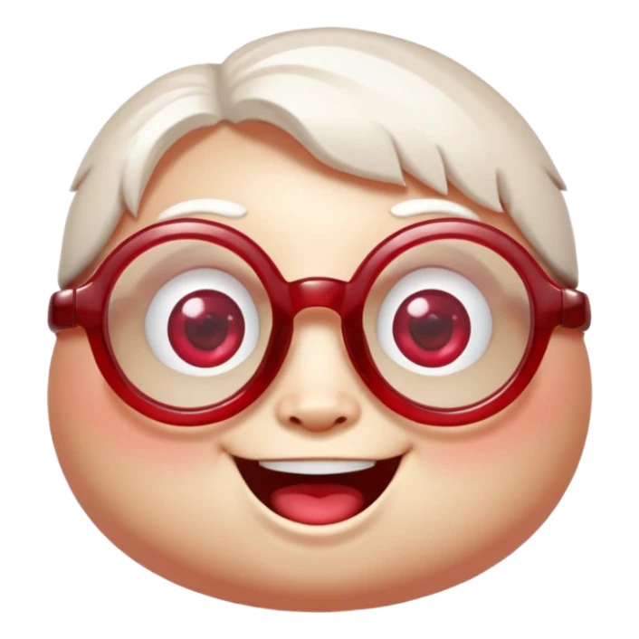 A single chubby crystal gemstone character wearing cute round glasses, chunky and irregular with faceted sides (not egg-shaped), [red], big glossy eyes behind the glasses and a wide happy smile, , high detail, soft lighting, centered on a plain dark background sticker