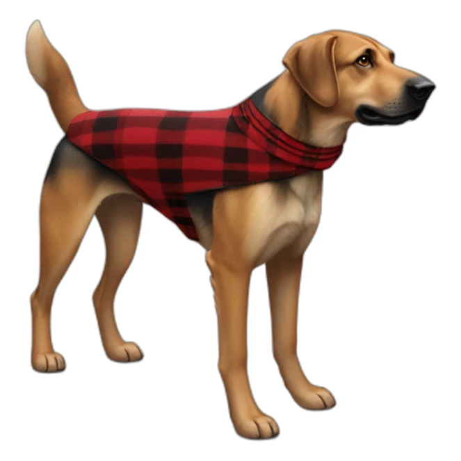 adult 75% Coonhound 25% German Shepherd mix dog with visible tail wearing small pointed red buffalo plaid bandana full body walking left quickly sticker