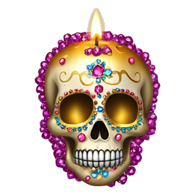Realistic sugar skull decorated with colorful rhinestones with metallic gold candle on top of its head dripping meltdown metallic gold wax down skull sticker