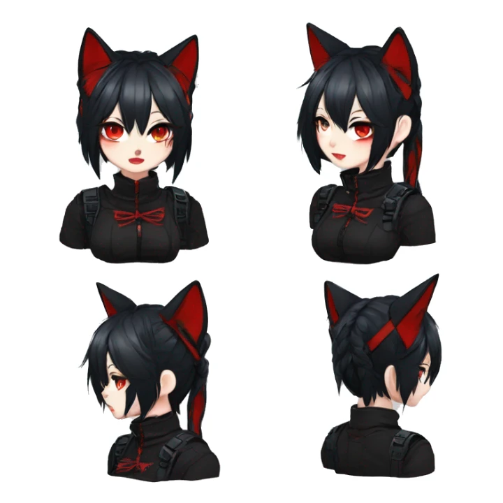 Gorgeous gothic dark techwear anime style anthro cat with blushing face aesthetic and pretty edgy black red punk messy ponytail hair with collar and harness trending style sticker
