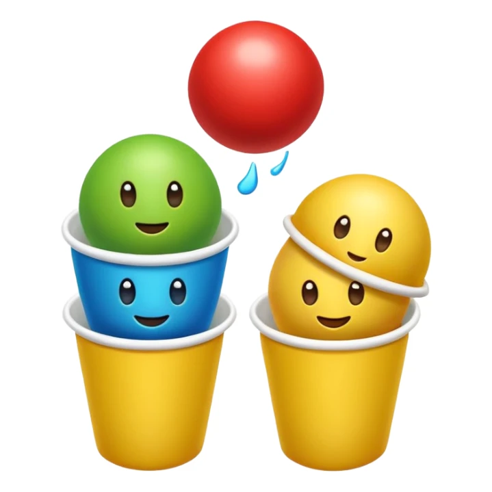 Cute 3D cartoon emoji sticker of a cup and ball shell game with three glossy plastic cups (blue, green, red) and a yellow ball, soft lighting, smooth shadows, playful, white sticker outline, transparent background, high resolution. sticker