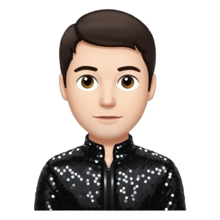 Howard Howett with dark brown hair, black sequin outfit sticker