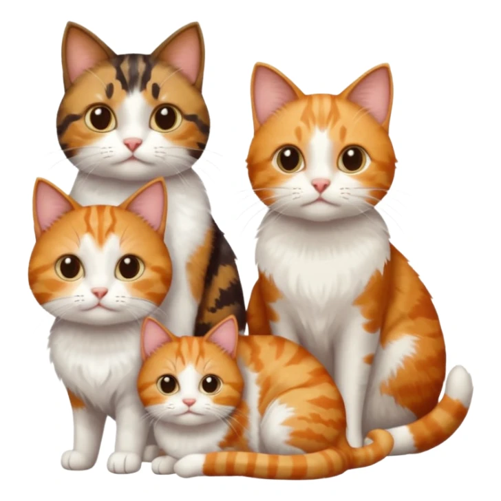 3 different coloured small cats including a dark brown tabby and white, and a patchy calico, and a ginger and white sticker