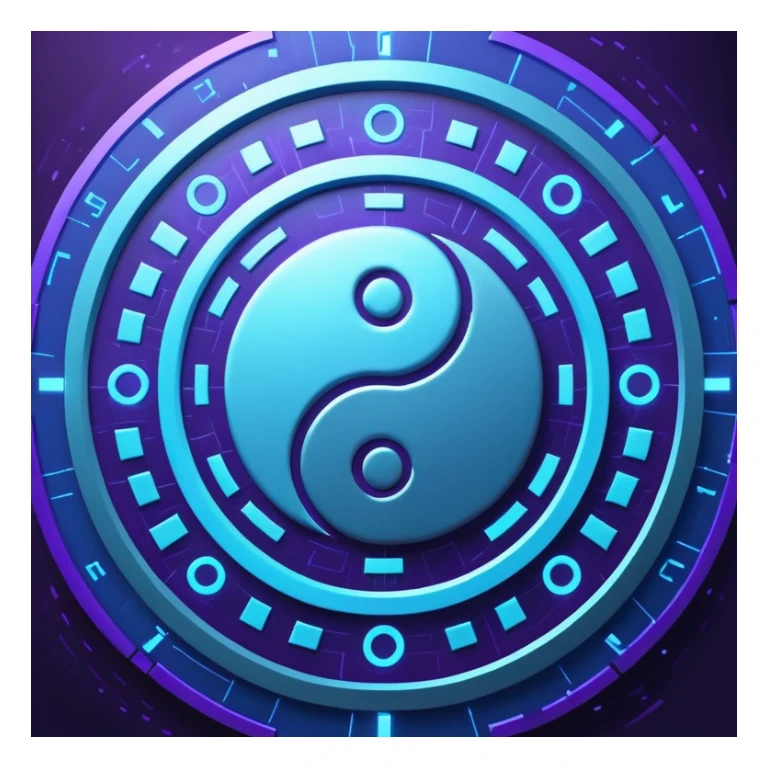 制造几张八卦图 要有时髦感 现代感 科技感 抛开传统感觉"Quantum tech BaGua diagram, yin-yang as flowing particles in neon blue and violet, surrounded by glowing hexagrams in cyberpunk style, holographic interface background with binary code floating, ultra-detailed 8K render --ar 16:9 --v 6" sticker