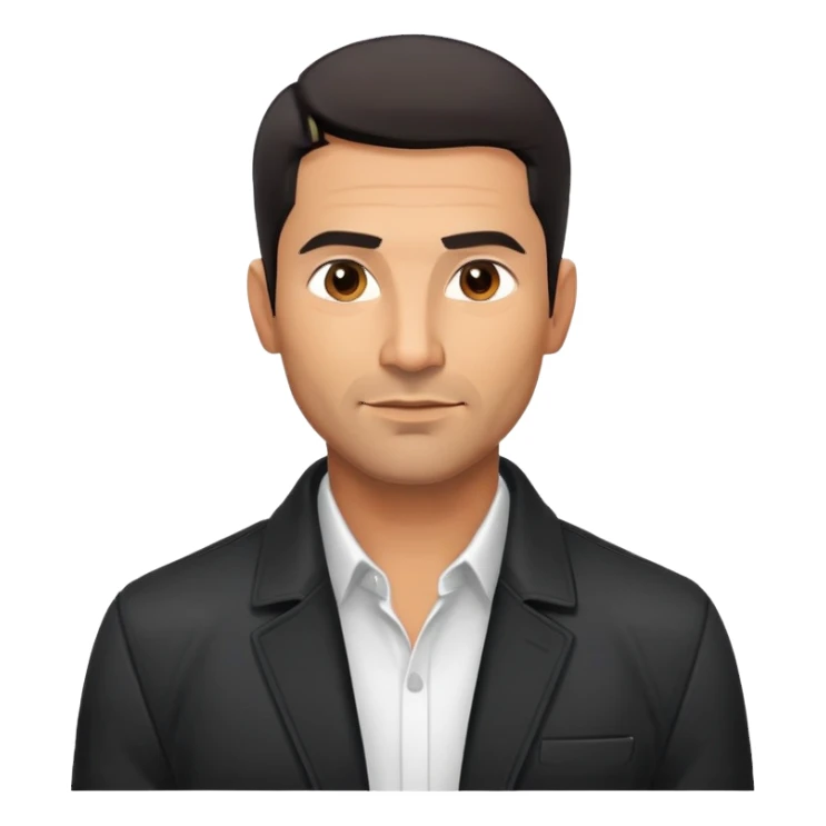 Handsome athletic Hispanic man in his late 40s with tan complexion, short black hair with defined fade haircut, light stubble/scruff on face, square masculine face with defined jawline, neutral-friendly TV presenter expression, open black jacket with white shirt sticker