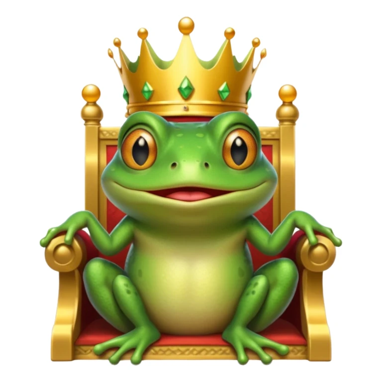 A frog wearing a crown, confidently sitting on a golden throne, portrait, bust up sticker