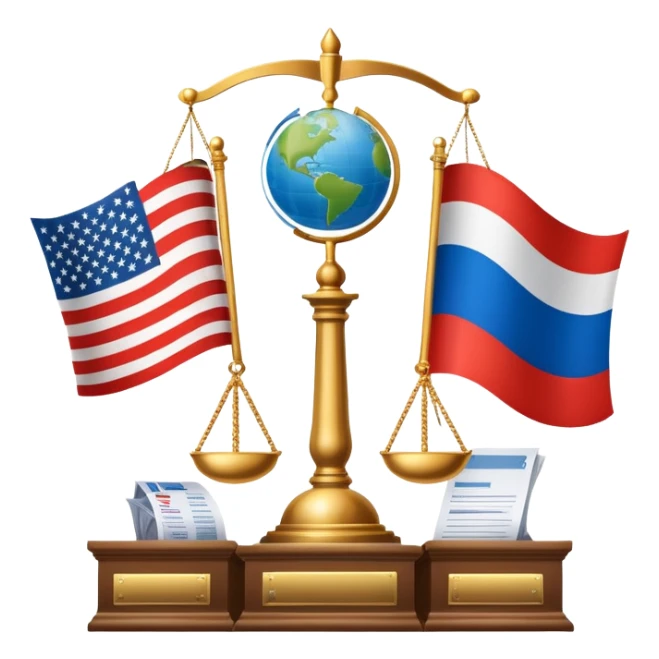 icon featuring podium with a speaker, russian and american flags, and voting ballots. The design includes a globe and scales of justice in the background, representing governance, global affairs, and political theory. Transparent background emphasizes civic engagement and policy. sticker