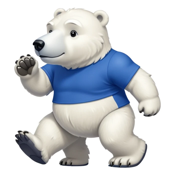 friendly anthropomorphised polar bear walking with a confident stride, wearing a royal blue t-shirt, stronger-looking sticker