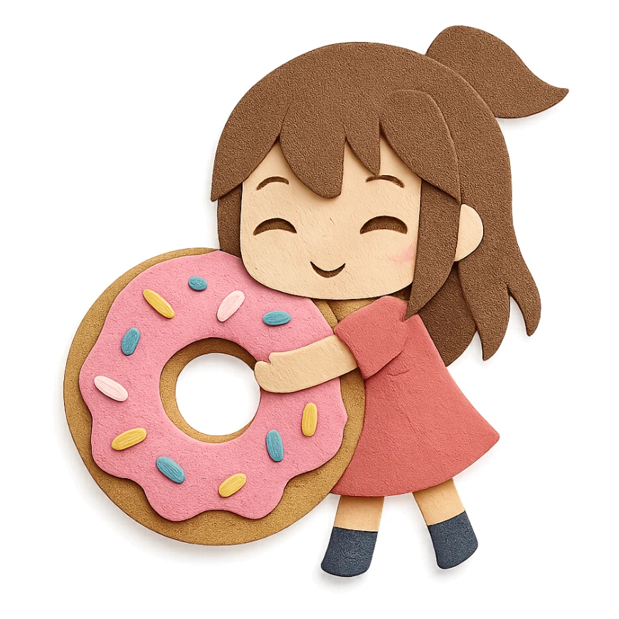 paper-craft style chibi girl hugging giant donut with sprinkles sticker