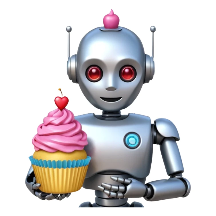 The robot is holding dessert in its hands, 3d emoji sticker
