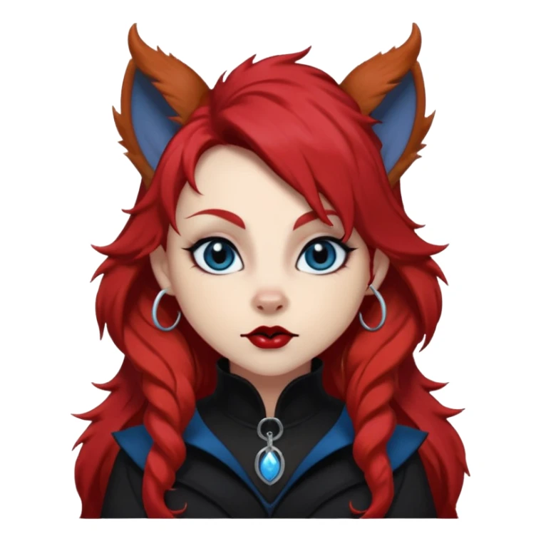  long curly blood red hair (darker), red pointed squirrel ears with black trim, black goth outfits, body and face human, blue eyes, more pointy chin, black lipstick, one big fluffy red squirrel tail with black tips, close her mouth, less evil looking sticker