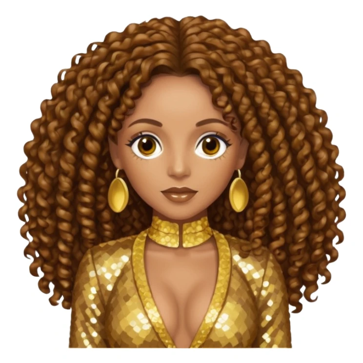 Melanie Brown with brown long curly hair, gold outfit sticker