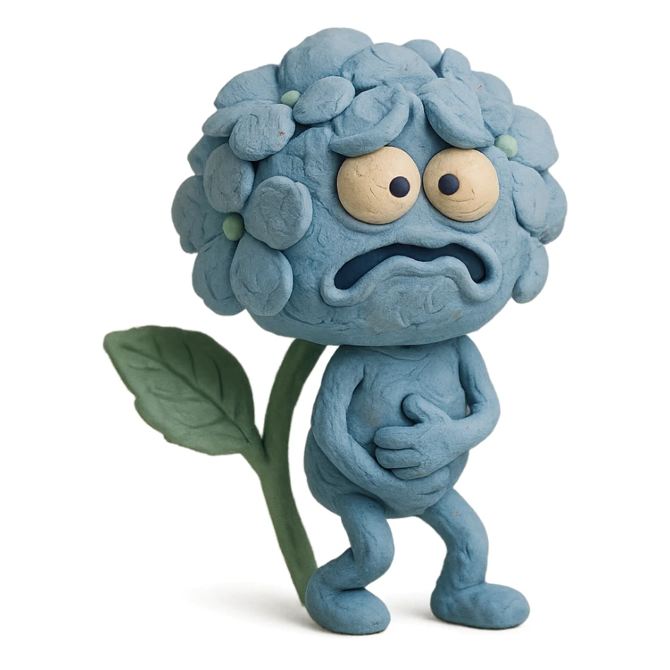 sky blue hydrangea flower with a twisted face and bulging eyes, holding its belly in a desperate toilet run, soft pastel shades, claymation style sticker