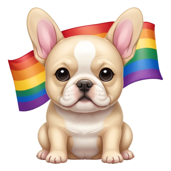 Cream French Bulldog infront of a rainbow pride flag sticker
