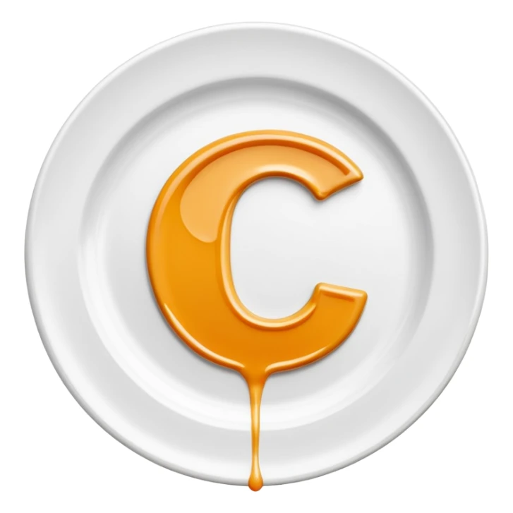 Minimal icon of a white plate with a thin sauce drizzle forming a clearly readable letter ‘C’, precise and unmistakable, in color #FF3D00. sticker