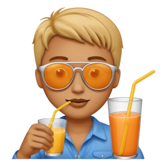 Sun is wearing sunglasses and drinking juice with stra sticker