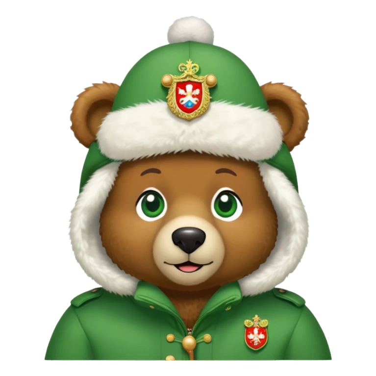 Sweet brown teddy bear face with friendly expression and bright green eyes, snow white furry ushanka hat with detailed Russian Federation coat of arms, iOS emoji style sticker