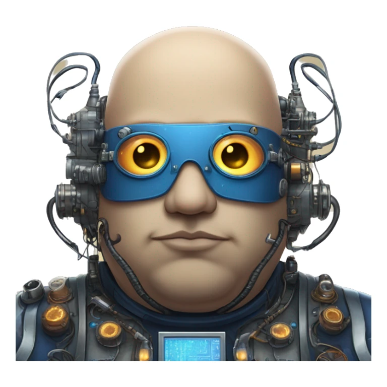 Fat bald cyborg head with tan skin, blue beard, blue steampunk goggles and circuits sticker