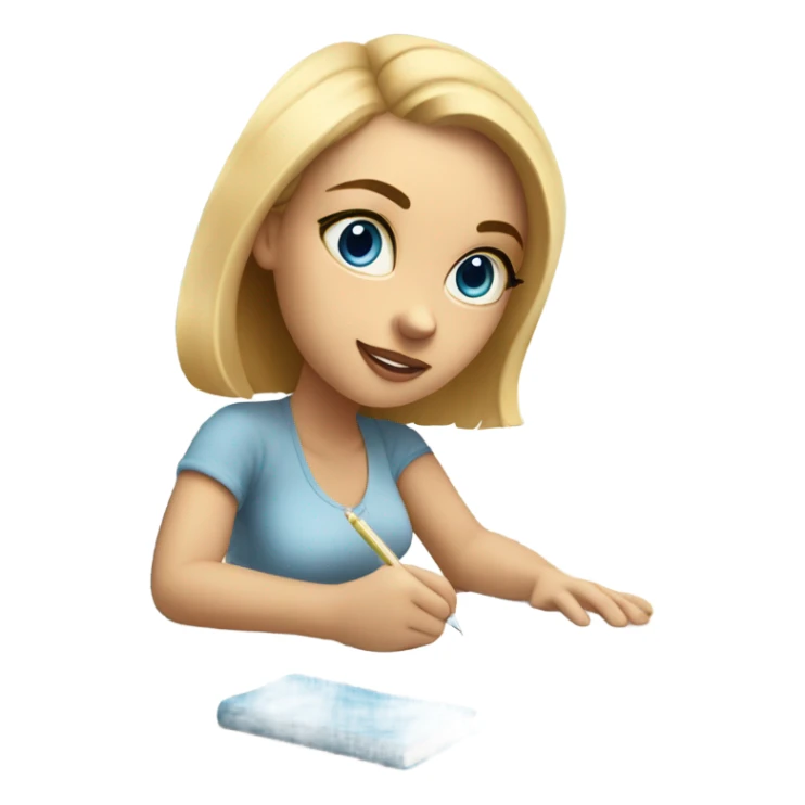 White Smart girl with blue eyes and light skin doing Homework on a desk writing on a piece of paper  sticker