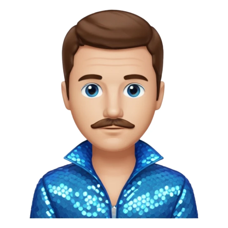 Benson Boone (b.2002), Pop Singer with blue eyes, brown medium hair and thin mustache, icy blue sequin outfit sticker