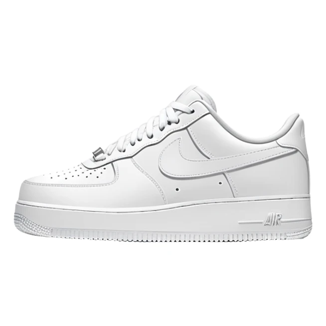 Clean all-white Nike Air Force 1 low top sneakers arranged as a pair with one positioned slightly behind the other, classic white-on-white design sticker
