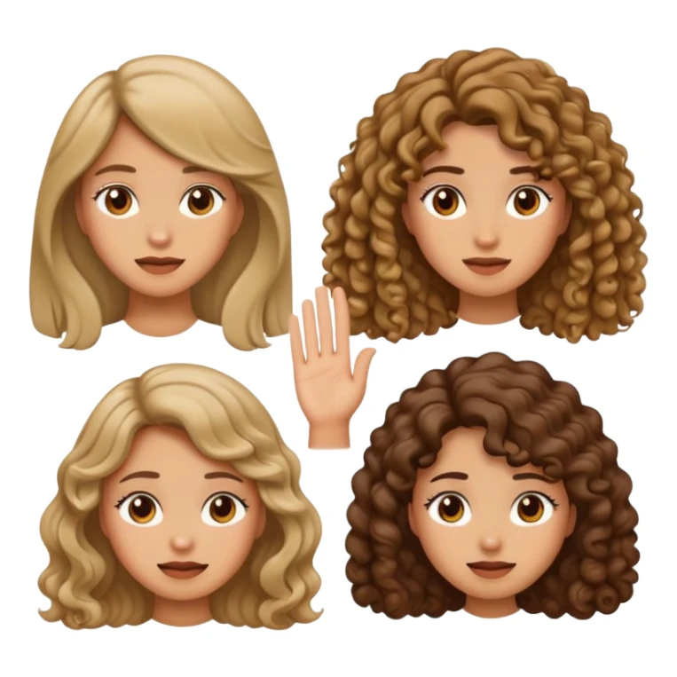 Embarrassed face with hand up, then three different female emojis: woman with long hair, short hair, and curly hair sticker