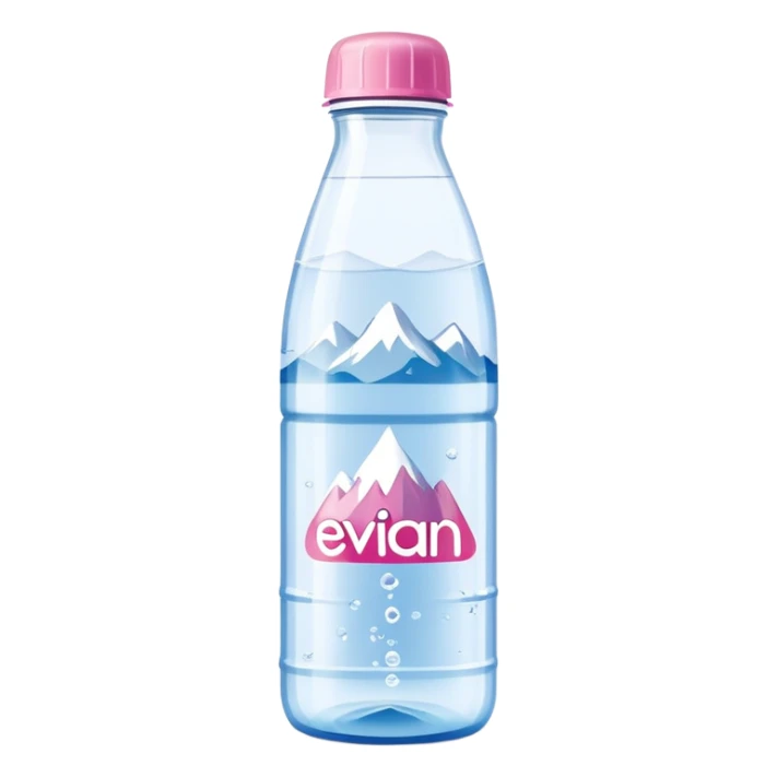 Evian branded water bottle with pink cap, clear plastic bottle showing the distinctive Evian mountain logo sticker