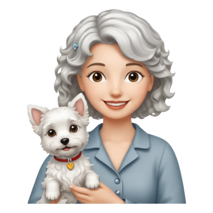 silver, short, wavy-haired with loose curls, smiling pretty lady holding a westie dog sticker
