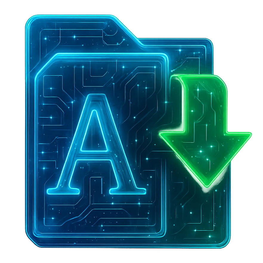 Transform the Bulk File Rename Utility icon into a cyberpunk, holographic style with glowing neon blue and green edges, circuit patterns throughout the files and arrow, and a transparent background. Maintain the recognizable overlapping file icons with large letters and the green arrow, overlaying neon and circuit effects in the same futuristic, clean style as previous cyberpunk icons. The whole icon should have a consistent cyberpunk glow and intricate circuit details in a futuristic, clean style. sticker
